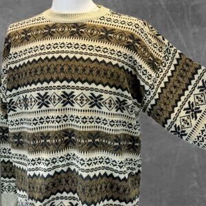 VINTAGE 90s fair isle earthy men’s knit sweater velour chenille Aztec geometric‎